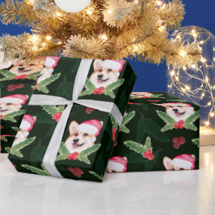 Watercolor Christmas Puppy, Holly Berry, Pine Wrapping Paper