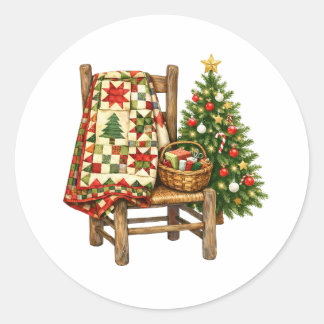 Watercolor Christmas Quilt and Christmas Tree Classic Round Sticker