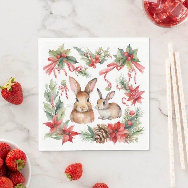 Watercolor Christmas Rabbits Red Gold Floral  Napkin (Insitu)