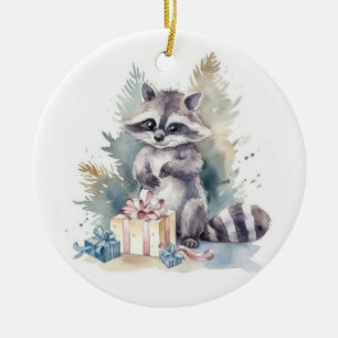 Watercolor Christmas Racoon Ceramic Tree Decoration