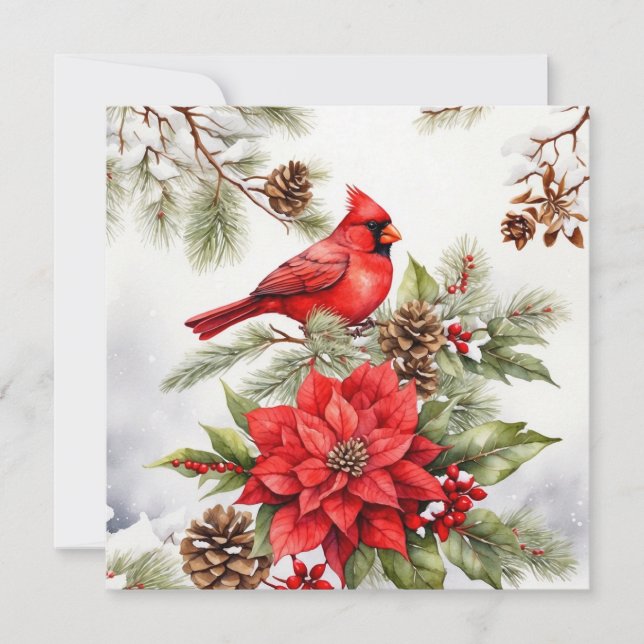 Watercolor Christmas Red Cardinal and Poinsettia Holiday Card (Front)