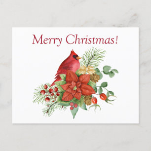 Watercolor Christmas Red Cardinal and Poinsettia Holiday Postcard