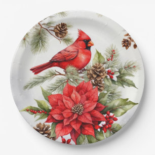 Watercolor Christmas Red Cardinal and Poinsettia Paper Plate