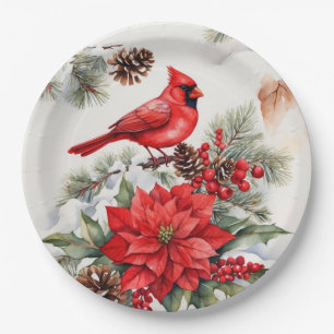 Watercolor Christmas Red Cardinal, Poinsettia Paper Plate
