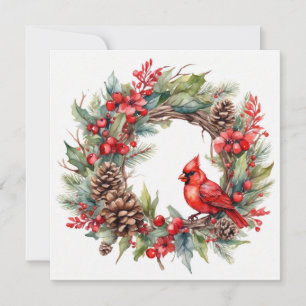 Watercolor Christmas Red Cardinal with Wreath Holiday Card