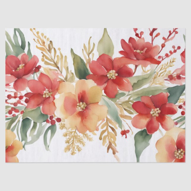 Watercolor Christmas Red Gold Floral  Tissue Paper (Front)