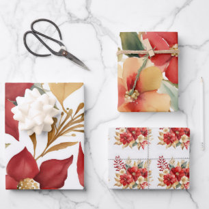 Watercolor Christmas Red Gold Floral Wrapping Paper Sheet
