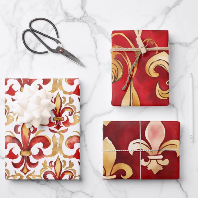 Watercolor Christmas Red Gold Floral  Wrapping Paper Sheet (Front)