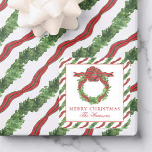 Watercolor Christmas Red & Green Bow Wreath Square Sticker