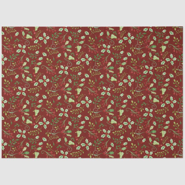 Watercolor Christmas Red Green Holly Berry Leaves  Tissue Paper (Front)
