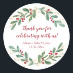 Watercolor Christmas red hollies gold green shower Classic Round Sticker<br><div class="desc">For more advanced customisation of this design,  simply select the "Customise It" button above!</div>