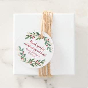 Watercolor Christmas red hollies gold green shower Favour Tags