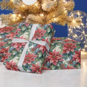 Watercolor Christmas Red Poinsettia Flowers   Wrapping Paper