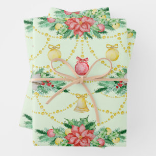 Watercolor Christmas Red Poinsettia, Ornaments  Wrapping Paper Sheet