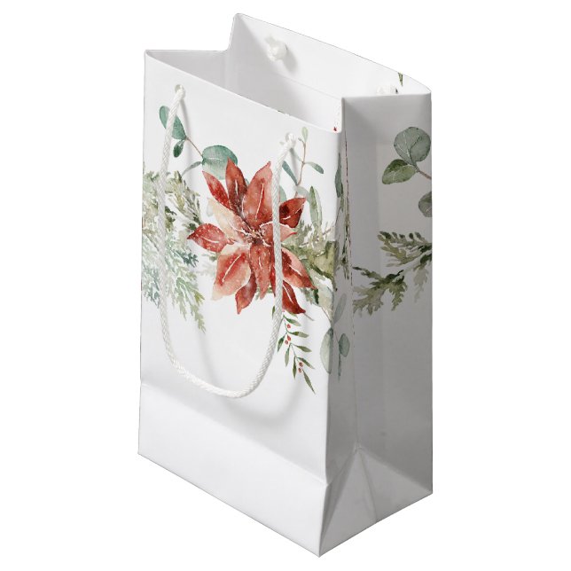 Watercolor Christmas Red Poinsettias Greenery Small Gift Bag (Front Angled)