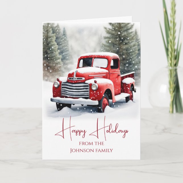 Watercolor Christmas Red Retro Truck Holiday Card (Front)