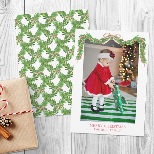 Watercolor Christmas Red Striped Bow Garland Photo Holiday Card (Creator Uploaded)