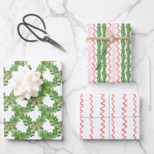 Watercolor Christmas Red Striped Bow Garland Wrapping Paper Sheet