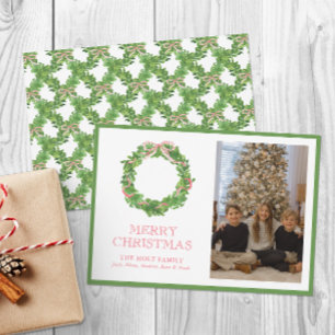 Watercolor Christmas Red Striped Bow Wreath Photo Holiday Card