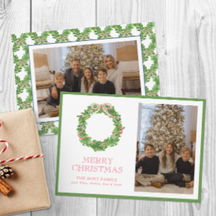 Watercolor Christmas Red Striped Bow Wreath Photo Holiday Card