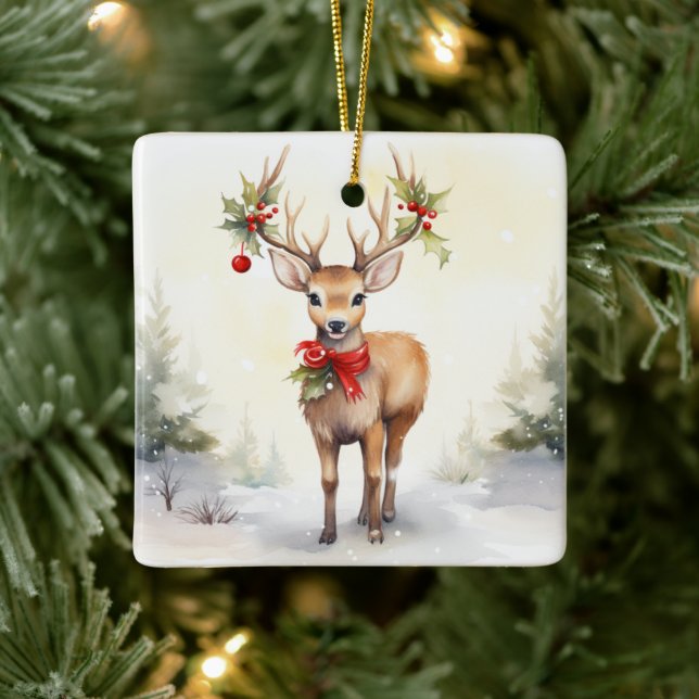 Watercolor Christmas Reindeer Ceramic Ornament (Tree)