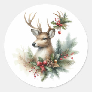Watercolor Christmas Reindeer Classic Round Sticker