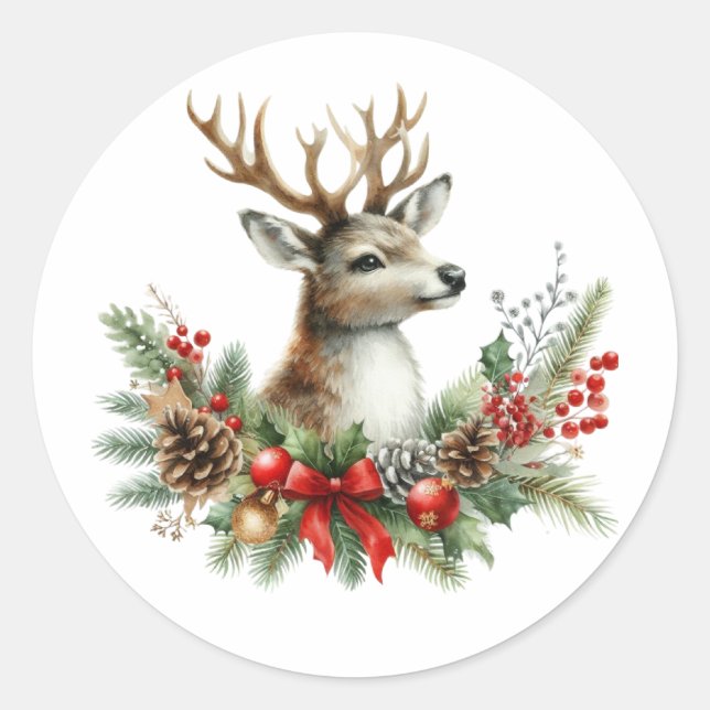 Watercolor Christmas Reindeer Classic Round Sticker (Front)