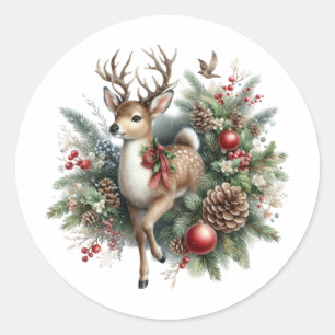 Watercolor Christmas Reindeer Classic Round Sticker