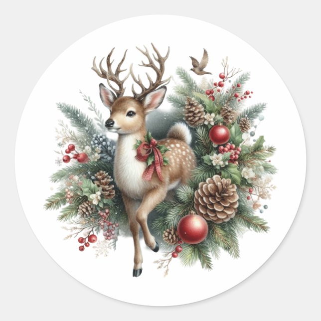 Watercolor Christmas Reindeer Classic Round Sticker (Front)