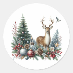 Watercolor Christmas Reindeer Classic Round Sticker
