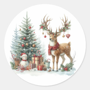 Watercolor Christmas Reindeer Classic Round Sticker