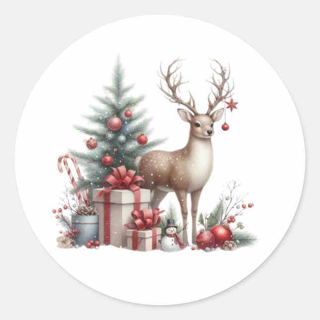 Watercolor Christmas Reindeer Classic Round Sticker (Front)