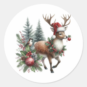 Watercolor Christmas Reindeer Classic Round Sticker