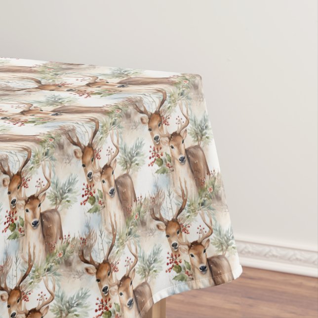 Watercolor Christmas reindeer greenery holly berry Tablecloth (In Situ)