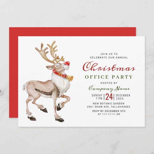 Watercolor Christmas Reindeer Holiday Party Invitation (Front/Back)