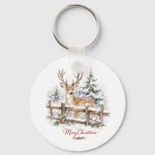 Watercolor Christmas Reindeer in Snow Key Ring