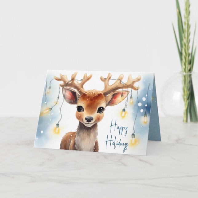 Watercolor Christmas Reindeer In Tangled Lights Holiday Card (Front)