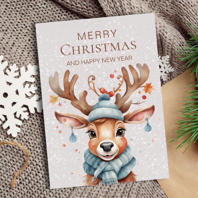 Watercolor Christmas Reindeer Pink Holiday Card (Creator Uploaded)