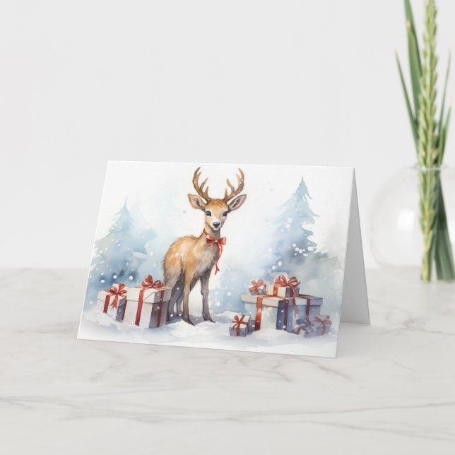 Watercolor Christmas Reindeer With Gifts Holiday Card (Front)
