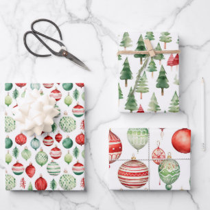 Watercolor Christmas Retro Ornaments Wrapping Paper Sheet
