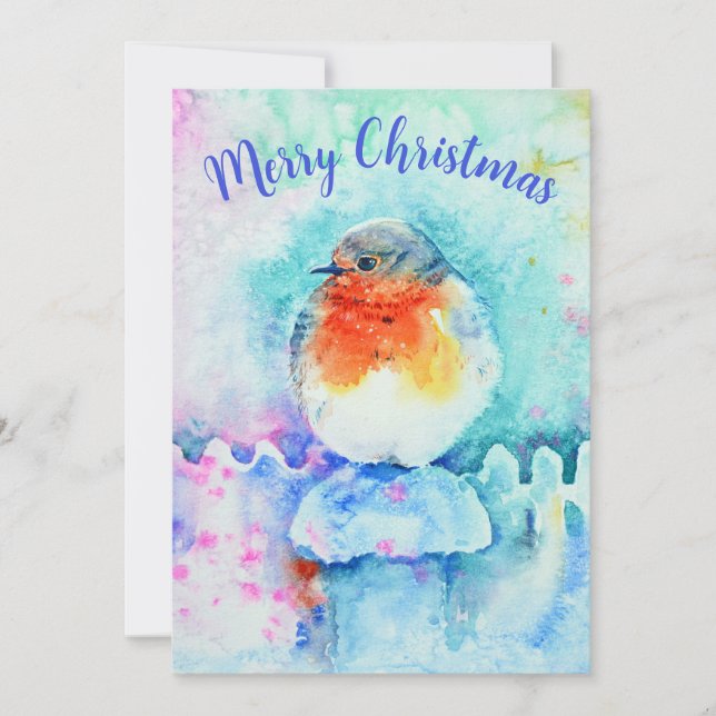 Watercolor Christmas Robin Colourful Personalised Holiday Card (Front)