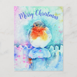 Watercolor Christmas Robin Colourful Personalised Holiday Postcard