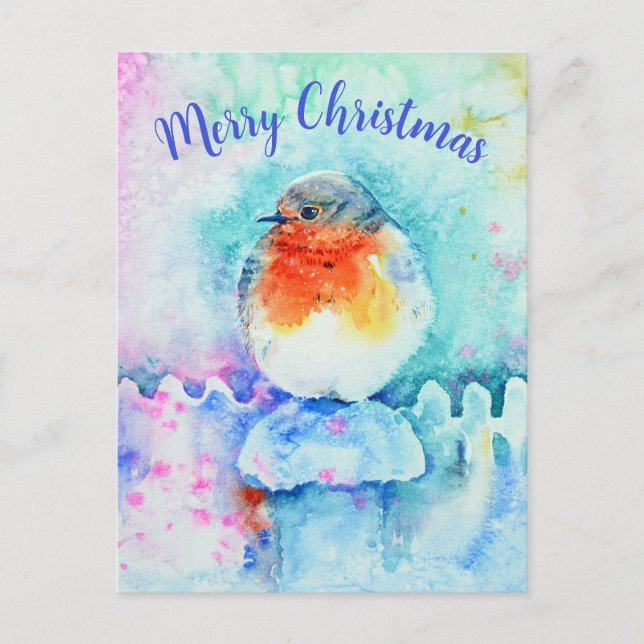 Watercolor Christmas Robin Colourful Personalised Holiday Postcard (Front)