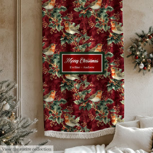 Watercolor Christmas robin deep red muted blanket