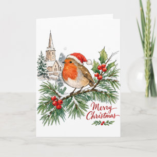 Watercolor Christmas Robin with Holly and Snow Card