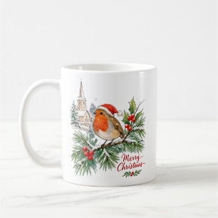 Watercolor Christmas Robin with Holly and Snow Coffee Mug