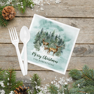 Watercolor Christmas Rustic Forest Woodland Deer Napkin