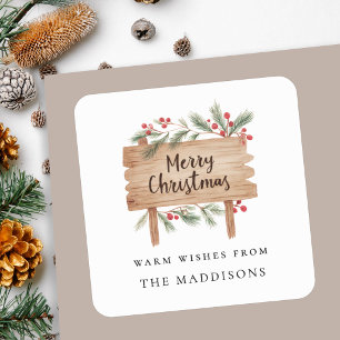 Watercolor Christmas Rustic Wood Sign Red Berries Square Sticker
