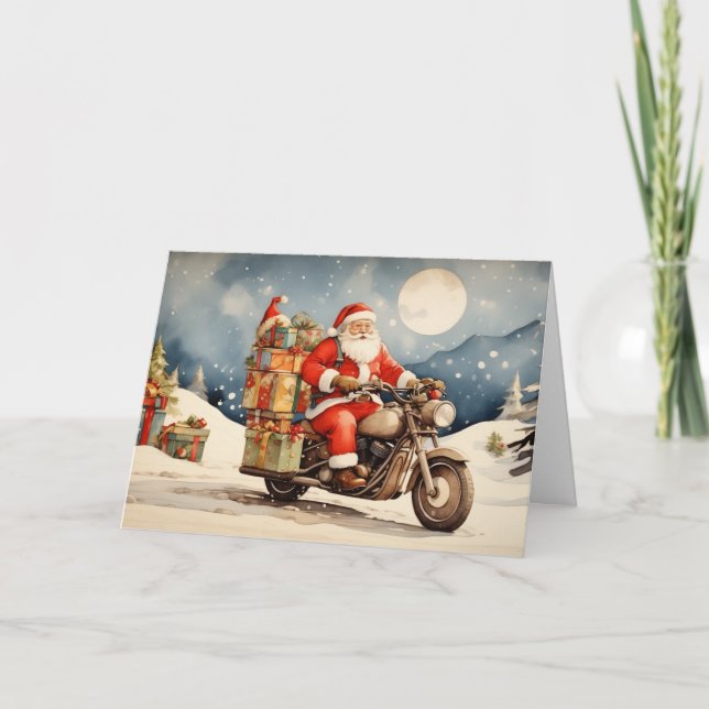Watercolor Christmas Santa Claus on Motorcycle Holiday Card (Front)