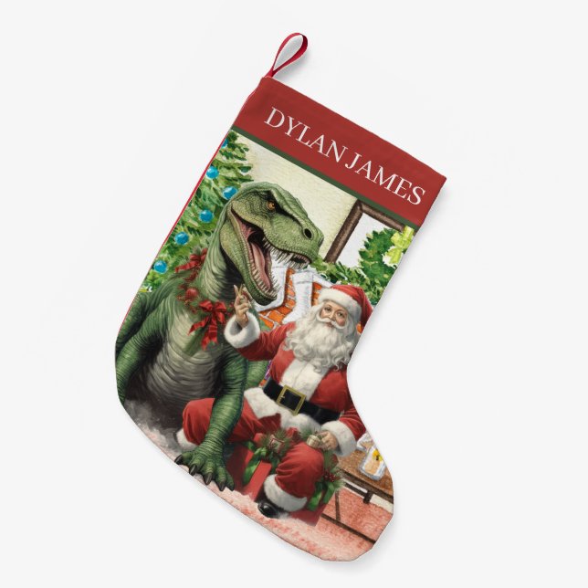 watercolor Christmas Santa dinosaur add name Small Christmas Stocking (Front (Hanging))